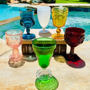 Vintage Colored Mismatched (6) Wine Goblets- Mixed Set of Six Glasses