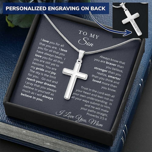 To My Son From Mom Engraved Cross Necklace Graduation Gift for Son Men Jewelry Son Gift For Birthday Military Graduation Gift Proverbs 3 5