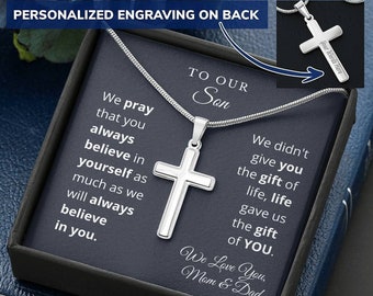 To Our Son From Mom and Dad Engraved Cross Necklace Graduation Gift for Son Men Jewelry Son Gift For Birthday Military Christmas Gift