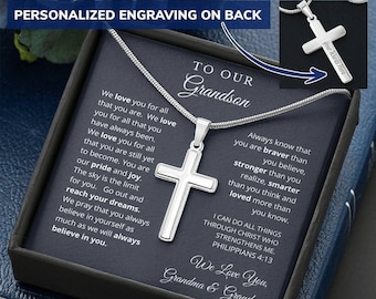Grandson Cross Necklace: Stainless Steel Graduation Gift, Personalized