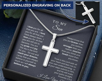 To My Son From Mom Engraved Cross Necklace Graduation Gift for Son Men Jewelry Son Gift For Birthday Military Graduation Gift Proverbs 3 5