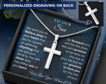 Personalized To Our Son From Mom and Dad Engraved Cross Necklace Christmas Gift for Son Men Jewelry Son Gift For Birthday Graduation Gift