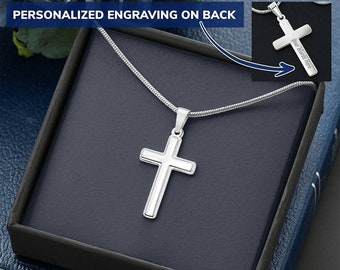 Boys Cross Necklace, Cross Necklace for Boys, Personalized Cross Necklace, Engraved Cross Necklace, Custom Cross Necklace Silver White Gold