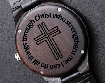 Engraved Sandalwood Christian Watch: Bible Verse Gift Box