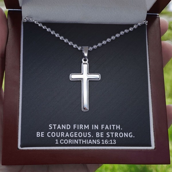 Faith | Personalized Cross Necklace | Mens Silver Cross Necklace with  Military Chain and Keepsake Card | LED Gift Box | Gift for Boys