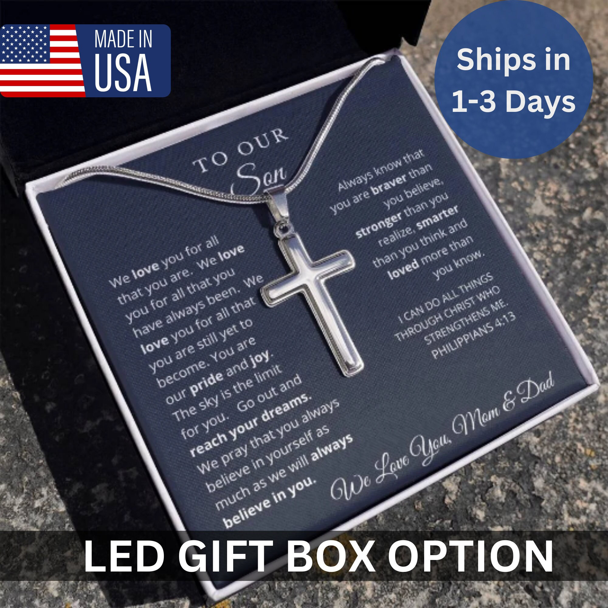 Personalized Cross Necklace to Our Son from Mom and Dad Graduation Gift for Son Men Jewelry Son Gift for Birthday Military Graduation Gift, image size:2000x2000
