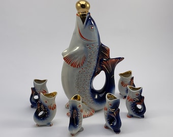 Set of Vintage Gorodnitsa USSR Porcelain Decanter and Shot Glasses
