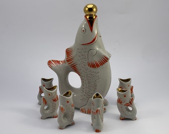 Set of Vintage Polonoe USSR Porcelain Decanter and Shot Glasses