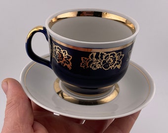 Vintage USSR Porcelain Tea Couple Cobalt Polonoe