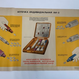 Set aus individuellem Erste-Hilfe-Kasten der UdSSR im Vintage-Stil + Original-Poster-Anleitung