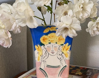 Vintage 1997 Signed Studio Art Pottery Figural Vase – Open & Closed Eyes Maiden