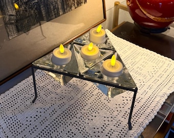 Vintage Minimalist Geometric Metal and Glass Candle Holder