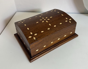 Vintage Wooden Inlay Jewelry Box with Red Velvet Interior
