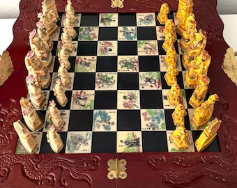 Vintage Chinese Carved Wood Folding Chess Set – Large Dragon Board with Drawers & Figural Resin Pieces