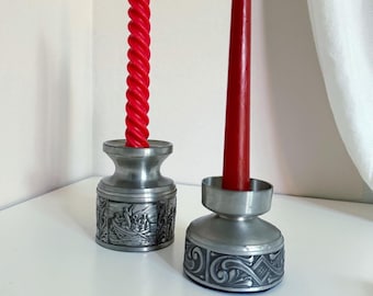 Vintage Norwegian Pewter Candle Holders Pair – Bridal Procession & Acanthus