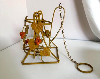 Vintage Mid-Century Metal Grape & Leaf Tilting Wine Bottle Cradle