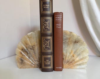 Vintage Pair of Hand-Carved Alabaster/Onyx Fan Bookends