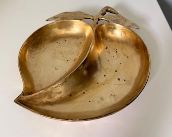 Vintage 10" Solid Brass Divided Peach Dish