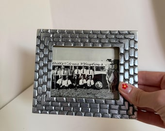 Vintage Brick Pattern Cast Metal Picture Frame with Wood Backing