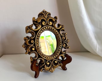 Vintage Miniature Ornate Gold Rococo Vanity Mirror 8"