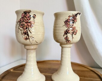Vintage Studio Pottery Wine Goblets Set of 2 – Hand Painted Cherry Blossom Ceramic, Signed