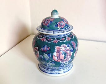 Vintage Chinese Teal Porcelain Lidded Ginger Jar with Floral Motifs