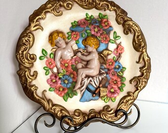 Vintage 1975 Hand Painted Ceramic Cherubs Wall Plaque/Plate