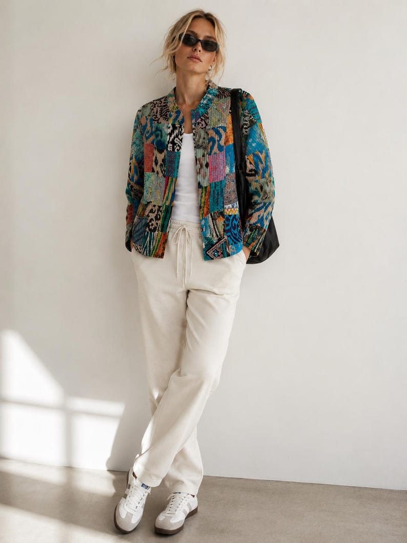 Puede incluir: Una chaqueta de manga larga con un vibrante estampado de patchwork en tonos azules, verde azulado, naranja y rosa. La chaqueta se lleva sobre una camiseta de tirantes blanca lisa y se combina con pantalones de color crema con cord&oacute;n y zapatillas blancas.
