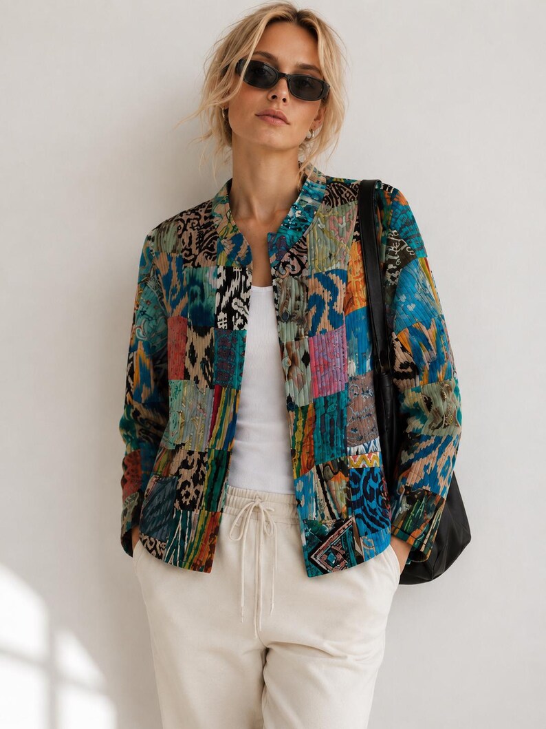 Puede incluir: Una chaqueta acolchada con un dise&ntilde;o de patchwork vibrante que presenta varios patrones abstractos en tonos azul, verde azulado, naranja y negro. La chaqueta tiene un cuello redondo, mangas largas y un dobladillo recto, sobre una camiseta blanca.