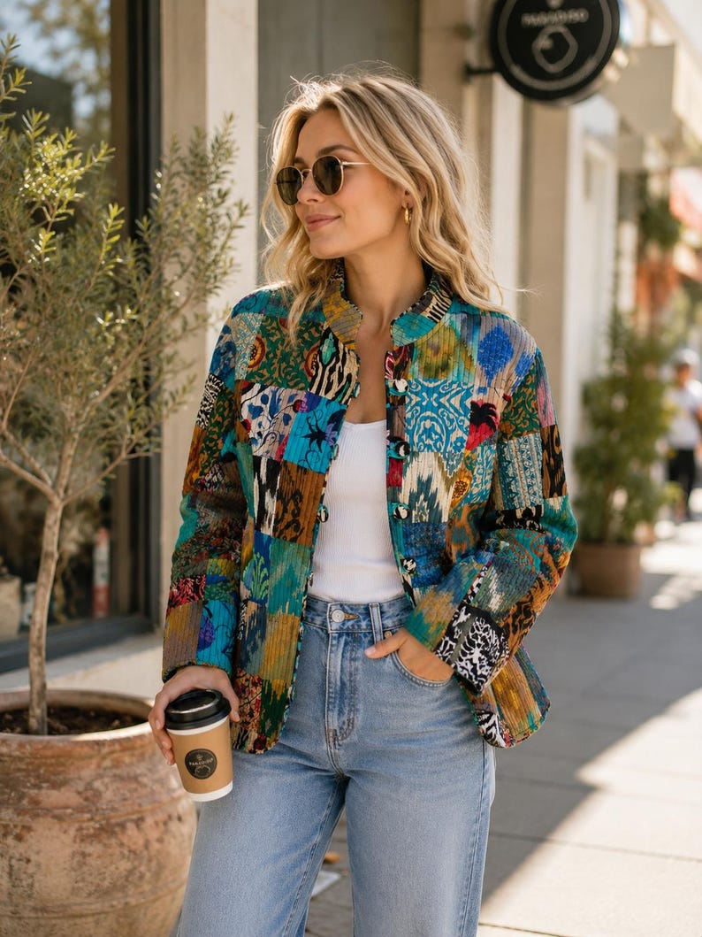 Puede incluir: Una chaqueta acolchada de manga larga con un vibrante patr&oacute;n de retazos de varios estampados geom&eacute;tricos y florales en azul, verde, amarillo y marr&oacute;n. La chaqueta tiene cuello mao, cierre de botones, una camiseta blanca sin mangas y vaqueros.
