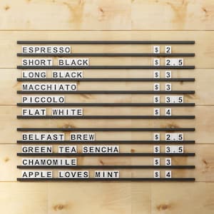 Quadro de menu de café, quadro de menu de parede de madeira, display de ladrilhos de letras, menu de loja de café montado na parede, quadro de letras, placa de menu de café suspensa