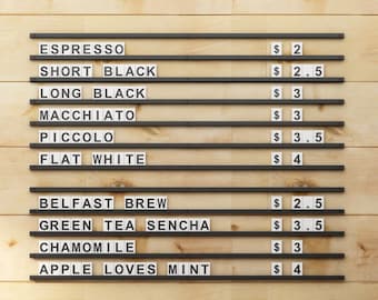 Cafe Menu Board, Wooden Wall Menu Board, Letter Tiles Display, Wall Mounted Cafe Shop Menu, Letter Board, Hanging Cafe Menu Sign