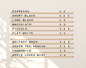 Tabellone per menu del caffè, Tabellone per menu da parete in legno, Display per piastrelle con lettere, Menu del negozio di caffè montato a parete, Lavagna per lettere, Insegna per menu del caffè sospeso