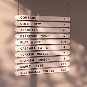 Placa de menu suspensa branca, quadro magnético para letras, menu de parede para café, display de menu suspenso para café, display de menu suspenso no teto com pratos brancos