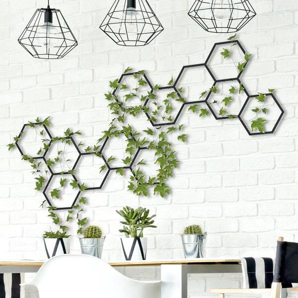 Arte de pared de panal, enrejado de panal de metal, colgante minimalista de pared de panal, decoración de pared para plantas, jardinera con enrejado, decoración de balcón