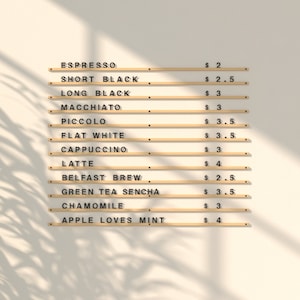 Exhibidor de menú de cafetería con letras y rieles, letrero de menú de cafetería, tablero de menú de pared, exhibidor de letras intercambiables, tablero de letras intercambiables