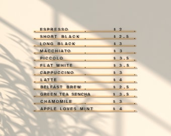 Cafe Menu Display with Letters And Rails, Coffee Bar Menu Sign, Wall Menu Board, Changeable Letter Display, Interchangeable Letter Board
