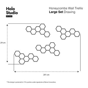 May include: Line drawing of a honeycomb wall trellis design. The design is made up of six hexagonal shapes arranged in a pattern. The design is 129 cm tall and 201 cm wide. The text "Honeycombs Wall Trellis Large Set Drawing" is at the top of the image.