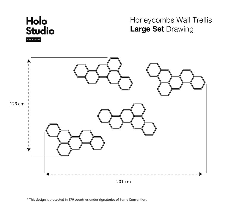 May include: Line drawing of a honeycomb wall trellis design. The design is made up of six hexagonal shapes arranged in a pattern. The design is 129 cm tall and 201 cm wide. The text "Honeycombs Wall Trellis Large Set Drawing" is at the top of the image.