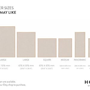 May include: A white graphic with the text "OTHER SIZES YOU MAY LIKE" and several rectangular shapes labeled X-LARGE (38.4" x 51.8"), LARGE (26.6" x 38.4"), SQUARE (26.6" x 26.6"), MEDIUM (19.9" x 26.6"), PANORAMIC (14" x 38.5"), and SMALL (13.2" x 26.6"). The Holo Studio logo is at the bottom.