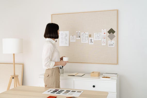 Modern Bulletin Board, Designer Linen Pin Board, Fabric Cork Board, Large Notice Board Organizer, Wall Mounted Sleek Mood Board for Work