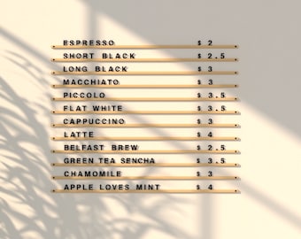 Café-Menüanzeige mit Buchstaben und Schienen, Café-Menüschild, Wandmenütafel, Buchstabenanzeige, wechselbare Buchstabentafel, individuelle Café-Menütafel