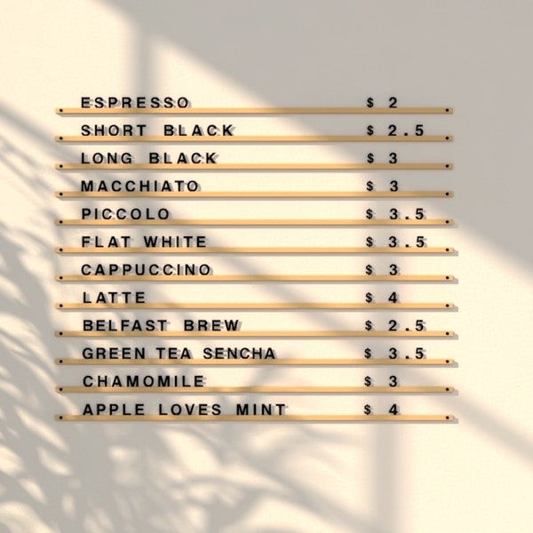 Pantalla de menú de cafetería con letras y rieles, letrero de menú de cafetería, tablero de menú de pared, visualización de letras, tablero de letras intercambiables, tablero de menú de cafetería personalizado