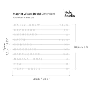 May include: A white diagram of a magnet letters board with dimensions. The board is 38.6 inches wide and 30.1 inches tall, with 10 metal rails. The text includes coffee drink names like "Espresso" and "Latte".