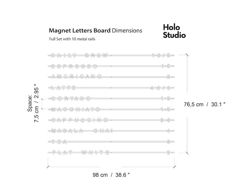 May include: A white diagram of a magnet letters board with dimensions. The board is 38.6 inches wide and 30.1 inches tall, with 10 metal rails. The text includes coffee drink names like "Espresso" and "Latte".