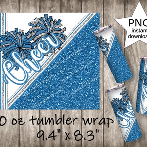 20oz skinny tumble wrap | Instant download | Digital File | PNG file | Cheer | Blue | Silver | White