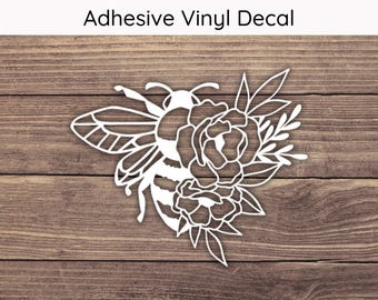 Bee And Flowers Decal, Bee Decal, Floral Decal, Floral Bee Sticker, Save The Bees Decal, Bee Flowers Sticker, Cute Bee Sticker