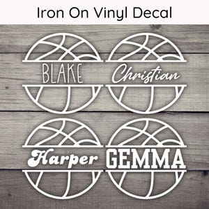 May include: Four white iron-on vinyl decals featuring basketballs with names inside. The names are "Blake", "Christian", "Harper", and "Gemma".
