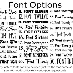 May include: A black and white image showing 30 font options, each numbered and named. Examples of each font style are displayed. The text "Font Options" is at the top, with additional text at the bottom of the image.