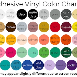 Pu&ograve; includere: Tabella colori per vinile adesivo con una variet&agrave; di colori, tra cui bianco, nero, grigio e crema. La tabella presenta anche tonalit&agrave; metalliche, rosse e gialle, insieme a sfumature di rosa, verde e blu. Il testo in alto recita "Adhesive Vinyl Color Chart 1".